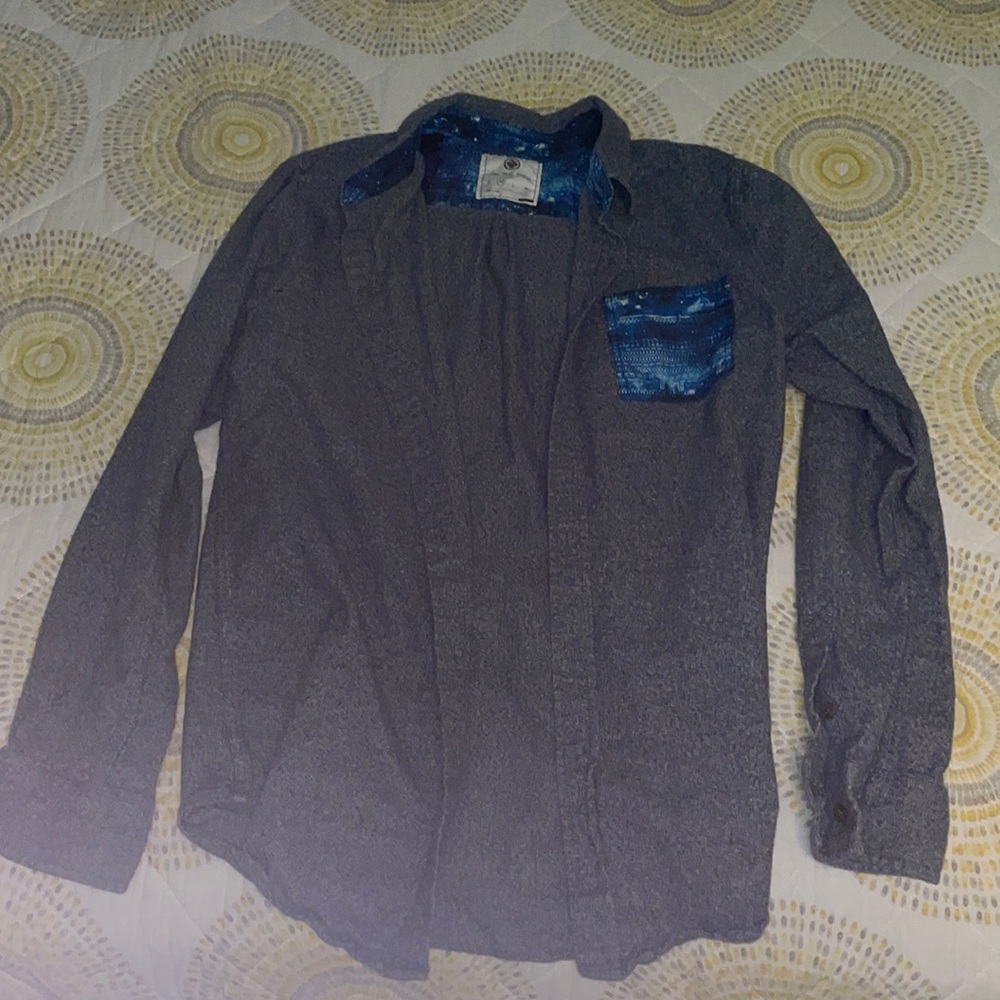 On the byas grey flannel with blue galaxy print accents